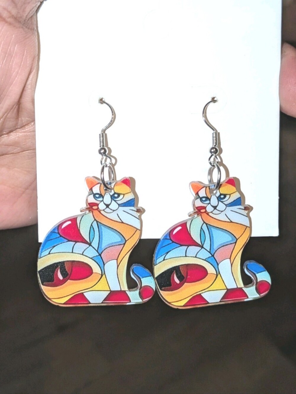 Hand Crafted Colorful Cat Stained-Glass Style Drop Earrings - Multicolor